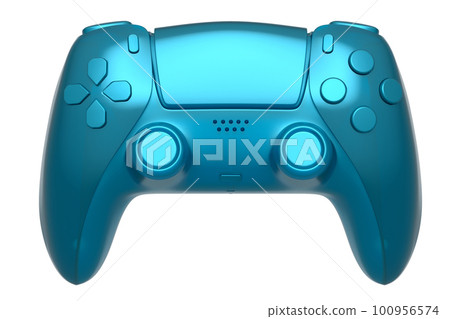Realistic video game joystick with blue chrome texture isolated on white background. 3D render of streaming gear for cloud gaming and gamer workspace concept Realistic video game joystick with blue chrome texture isolated on white background. 3D render of streaming gear for cloud gaming and gamer workspace concept 100956574