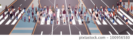 multiethnic people group crossing city street mix race men women going crosswalk horizontal 100956580