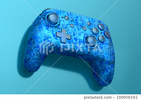 Realistic video game joystick with mosaic seamless pattern on blue background. 3D render of streaming gear for cloud gaming and gamer workspace concept 100956581
