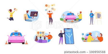Driver exam. Professional driving school test on drive id licence car permission, instructor learn education road rules to beginner, drivings training splendid vector illustration 100956588