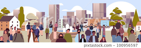 multiethnic people group walking outdoor mix race men women crowd spending time in urban park cityscape background 100956597