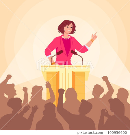 Woman politician. Female american politic speaker at faculty podium stage talk speech lecture to press audience business or political candid meeting, leadership vector illustration 100956600