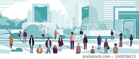 multiethnic people group walking outdoor mix race men women citizens crowd going along city street cityscape background 100956613