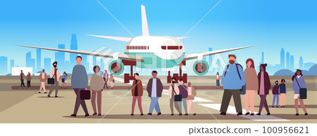 multiethnic people group standing near airplane mix race men women crowd at airport terminal cityscape background multiethnic people group standing near airplane mix race men women crowd at airport terminal cityscape background 100956621