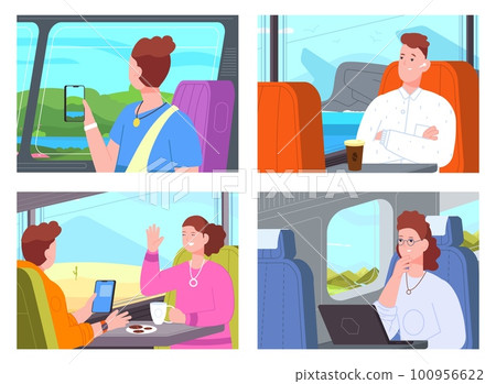 People look transport windows. Tourist characters travelling in airplane bus train and look ocean or cloud nature landscape, railway journey passenger splendid vector illustration 100956622