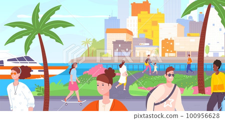 People walking on resort. Students man woman and children walk promenade on embankment, panorama scenery mediterranean seaside coast relaxing resort, splendid vector illustration People walking on resort. Students man woman and children walk promenade on embankment, panorama scenery mediterranean seaside coast relaxing resort, splendid vector illustration 100956628