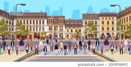 multiethnic people group walking outdoor mix race men women citizens crowd going along city street cityscape background 100956641