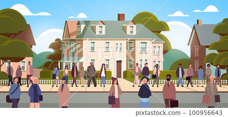 multiethnic people group walking outdoor mix race men women citizens crowd going along city street cityscape background 100956643