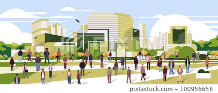 multiethnic people group walking outdoor mix race men women crowd spending time in urban park cityscape background 100956658