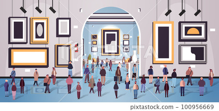 multiethnic people group mix race men women crowd in modern art gallery or museum multiethnic people group mix race men women crowd in modern art gallery or museum 100956669