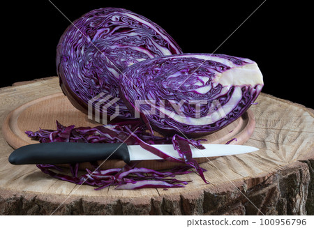 Portion of Red Coleslaw on vintage wooden background 100956796