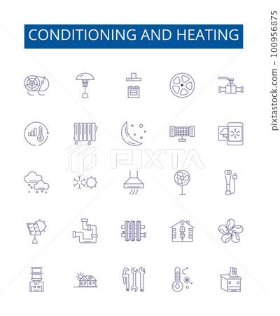 Conditioning and heating line icons signs set. Design collection of Conditioning, Heating, Air, Cooling, Ventilation, Fan, Furnace, Heat outline concept vector illustrations Conditioning and heating line icons signs set. Design collection of Conditioning, Heating, Air, Cooling, Ventilation, Fan, Furnace, Heat outline concept vector illustrations 100956875