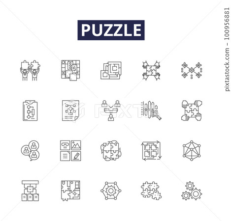 Puzzle line vector icons and signs. Brainteaser, Jigsaw, Game, Search, Conundrum, Jolly, Inquiry, Cipher outline vector illustration set 100956881