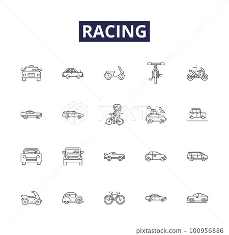 Racing line vector icons and signs. Track, Sprint, Marathon, Lap, Auto, Drag, Rally, Indy outline vector illustration set 100956886