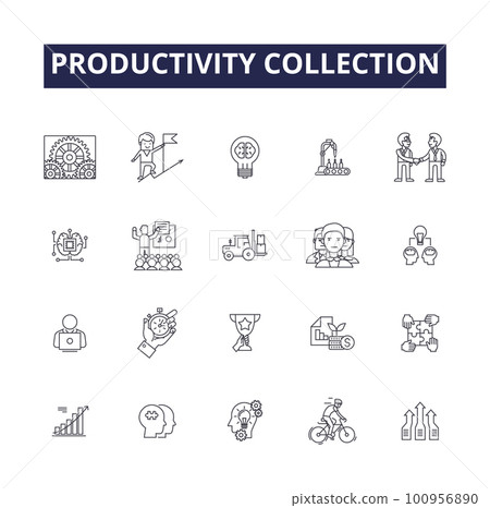 Productivity collection line vector icons and signs. Accomplishment, Organization, Results, Productive, Increase, Accumulation, Growth, Creativity outline vector illustration set 100956890