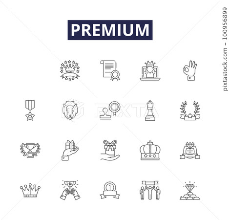 Premium line vector icons and signs. Lavish, Splurge, Expensive, Prime, Esteemed, Upscale, Exclusive, Selective outline vector illustration set Premium line vector icons and signs. Lavish, Splurge, Expensive, Prime, Esteemed, Upscale, Exclusive, Selective outline vector illustration set 100956899