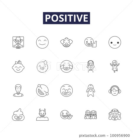 Positive line vector icons and signs. Joyful, Affirmative, Kind, Accepting, Inspired, Encouraging, Glowing, Sunny outline vector illustration set Positive line vector icons and signs. Joyful, Affirmative, Kind, Accepting, Inspired, Encouraging, Glowing, Sunny outline vector illustration set 100956900