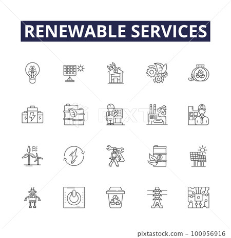 Renewable services line vector icons and signs. Services, Solar, Wind, Hydro, Geothermal, Biomass, Biofuel, Wave outline vector illustration set 100956916