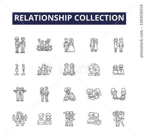 Relationship collection line vector icons and signs. interactions, bonds, affiliations, ties, alliances, pairings, liaisons, linkages outline vector illustration set 100956919