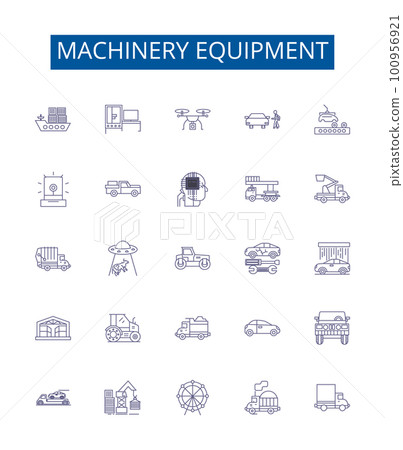 Machinery equipment line icons signs set. Design collection of Machinery, Equipment, Tools, Gears, Motors, Parts, Drives, Controls outline concept vector illustrations 100956921