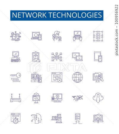 Network technologies line icons signs set. Design collection of Networking, Technologies, LAN, WAN, Routers, Switches, Bridges, Modems outline concept vector illustrations 100956922