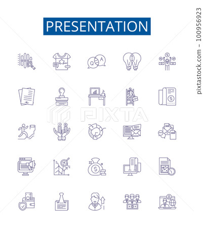 Presentation line icons signs set. Design collection of Presentation, Speech, Talk, Slideshow, Demonstration, Address, Lecture, Summary outline concept vector illustrations 100956923