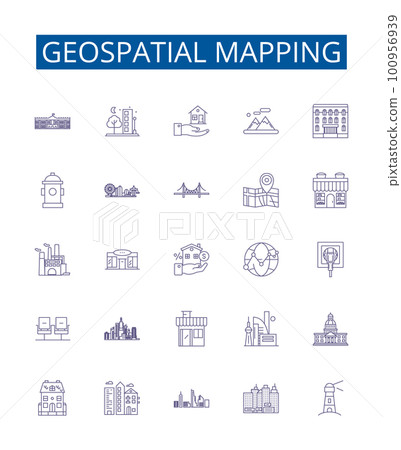Geospatial mapping line icons signs set. Design collection of Geomapping, Geospatial, GIS, Mapping, Visualization, Surveying, Cartography, Analysis outline concept vector illustrations 100956939