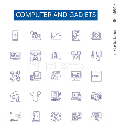 Computer and gadjets line icons signs set. Design collection of Hardware, Software, Networking, Laptops, Monitors, Printers, Scanners, Routers outline concept vector illustrations 100956940
