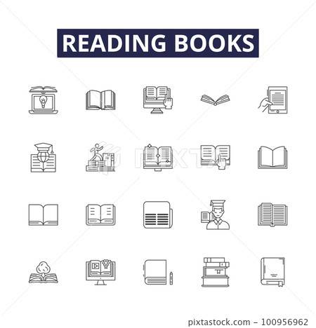 Reading books line vector icons and signs. Books, Novels, Literature, Stories, Texts, Magazines, Scripts, Non-Fiction outline vector illustration set 100956962