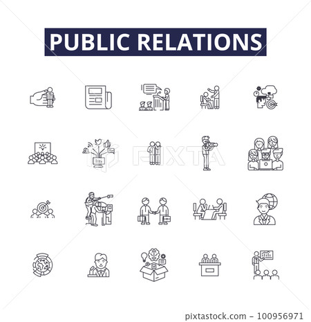 Public relations line vector icons and signs. communication, business, concept, relations, social, pr, strategy,media outline vector illustration set 100956971
