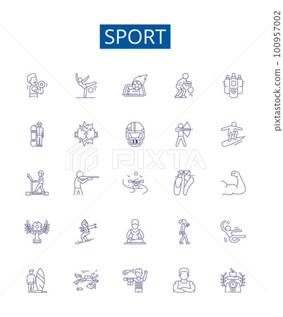 Sport line icons signs set. Design collection of Sport, Athletics, Soccer, Tennis, Hockey, Basketball, Swimming, Golf outline concept vector illustrations 100957002