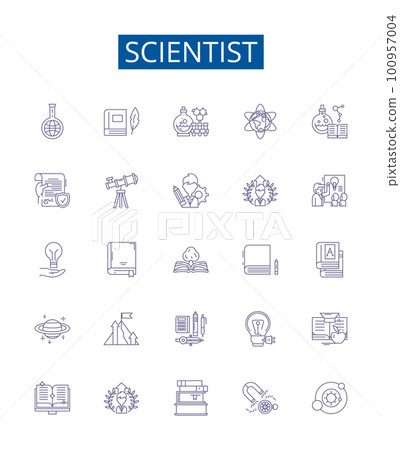 Scientist line icons signs set. Design collection of Scientist, Researcher, Geneticist, Botanist, Physicist, Biologist, Geologist, Chemist outline concept vector illustrations 100957004