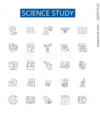 Science study line icons signs set. Design collection of Research, Knowledge, Investigation, Physics, Astronomy, Chemistry, Biology, Experimentation outline concept vector illustrations Science study line icons signs set. Design collection of Research, Knowledge, Investigation, Physics, Astronomy, Chemistry, Biology, Experimentation outline concept vector illustrations 100957018