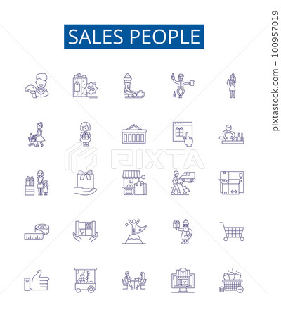 Sales people line icons signs set. Design collection of Salespeople, Sellers, Vendors, Brokers, Representatives, Merchandisers, Agents, Closers outline concept vector illustrations 100957019