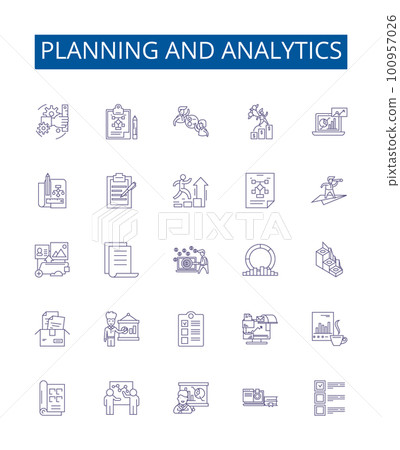 Planning and analytics line icons signs set. Design collection of Planning, Analytics, Strategy, Forecasting, Evaluation, Analysis, Optimization, Design outline concept vector illustrations 100957026