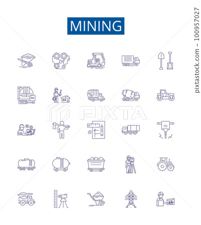 Mining line icons signs set. Design collection of Extracting, Digging, Unearthing, Uncovering, Drilling, Essaying, Quarrying, Panning outline concept vector illustrations 100957027