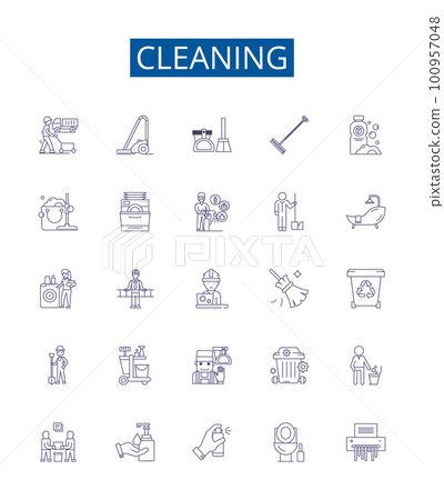 Cleaning line icons signs set. Design collection of Sanitize, Wash, Scrub, Sweep, Vacuum, Dust, Hoover, Mopping outline concept vector illustrations 100957048