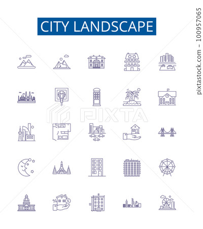 City landscape line icons signs set. Design collection of Urban, skyline, streetscape, skyline, architecture, metropolis, vista, hustle outline concept vector illustrations City landscape line icons signs set. Design collection of Urban, skyline, streetscape, skyline, architecture, metropolis, vista, hustle outline concept vector illustrations 100957065