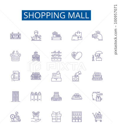 Shopping mall line icons signs set. Design collection of Mall, Shopping, Store, Retail, Arcade, Hypermarket, Outlet, Emporium outline concept vector illustrations Shopping mall line icons signs set. Design collection of Mall, Shopping, Store, Retail, Arcade, Hypermarket, Outlet, Emporium outline concept vector illustrations 100957071