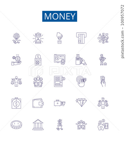 Money line icons signs set. Design collection of Cash, Currency, Wealth, Funds, Riches, Capital, Finances, Bank outline concept vector illustrations 100957072