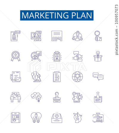 Marketing plan line icons signs set. Design collection of Campaign, Strategy, Objectives, Target, Analysis, Budget, Tactics, Segmentation outline concept vector illustrations Marketing plan line icons signs set. Design collection of Campaign, Strategy, Objectives, Target, Analysis, Budget, Tactics, Segmentation outline concept vector illustrations 100957073