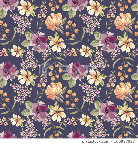 Seamless pattern with delicate flowers. watercolor illustration, on a blue background. Seamless pattern with delicate flowers. watercolor illustration, on a blue background. 100957088