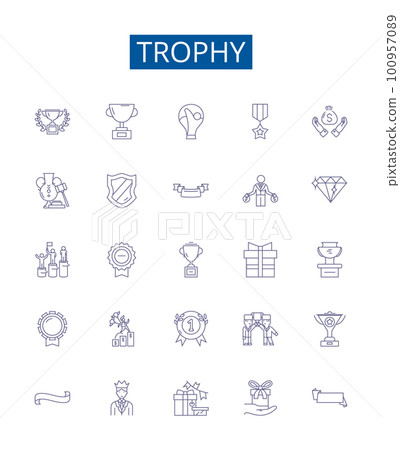Trophy line icons signs set. Design collection of Prize, Award, Cup, Plaque, Medal, Emblem, Keepsake, Mark outline concept vector illustrations Trophy line icons signs set. Design collection of Prize, Award, Cup, Plaque, Medal, Emblem, Keepsake, Mark outline concept vector illustrations 100957089