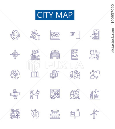 City map line icons signs set. Design collection of City, Map, Urban, Town, Geography, Chart, Plan, Guide outline concept vector illustrations 100957090
