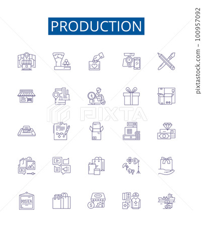 Production line icons signs set. Design collection of Producing, Manufacturing, Output, Generating, Fabricating, Making, Creating, assembling outline concept vector illustrations 100957092