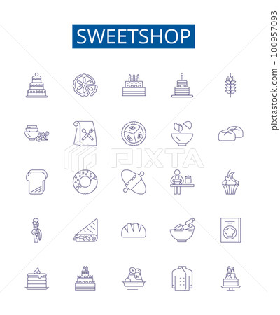 Sweetshop line icons signs set. Design collection of Candy, Sweet, Confectionery, Chocolates, Toffee, Caramel, Gummies, Pralines outline concept vector illustrations Sweetshop line icons signs set. Design collection of Candy, Sweet, Confectionery, Chocolates, Toffee, Caramel, Gummies, Pralines outline concept vector illustrations 100957093