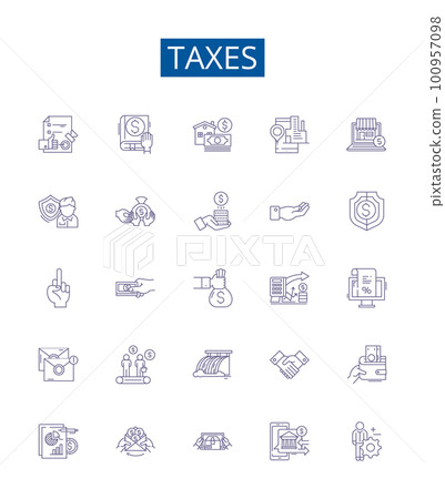 Taxes line icons signs set. Design collection of Levy, Duty, Tariff, Excise, Deduction, Withholding, Collection, Revenue outline concept vector illustrations 100957098