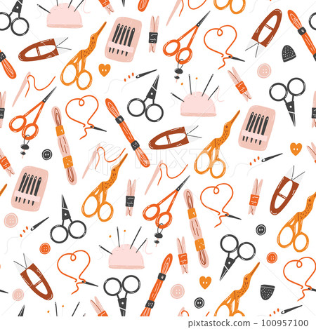 Seamless pattern with tools for embroidery, sewing, needlework. Hand drawn flat vector background with scissors, pincushion, floss, bobbins, needles 100957100
