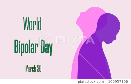 World Bipolar Day on March 30 concept. Two human silhouettes as symbols of depression and mania. Vector illustration for social poster, banner, card, flyer World Bipolar Day on March 30 concept. Two human silhouettes as symbols of depression and mania. Vector illustration for social poster, banner, card, flyer 100957106