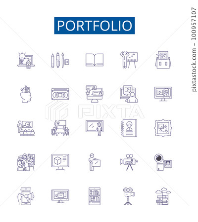Portfolio line icons signs set. Design collection of Portfolio, Investment, Assets, Funds, Risk, Returns, Securities, Holdings outline concept vector illustrations 100957107